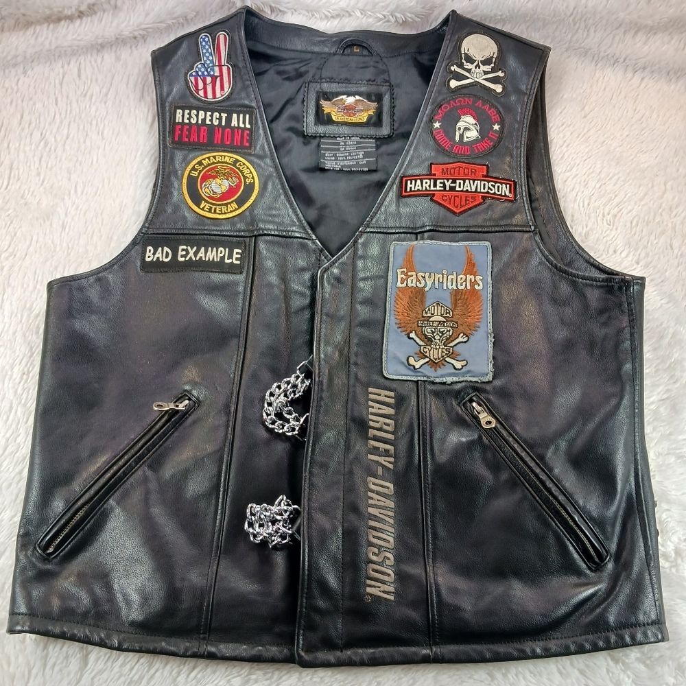 Harley-Davidson Men's Black Leather Biker Vest - Patches & Pins, USMC Veteran L. - Picture 9 of 16
